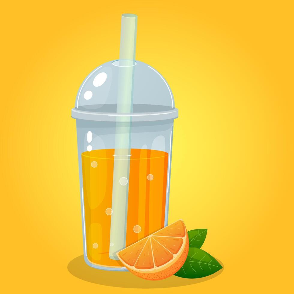 Orange juice in a plastic cup, summer drink, fresh juice, smoothie, fruit cocktail, cartoon style, realism vector