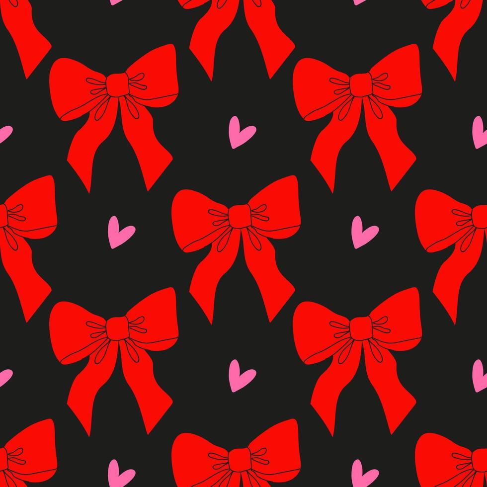 Pattern featuring red bows and pink hearts on a black background showcases a playful design ideal for festivities vector