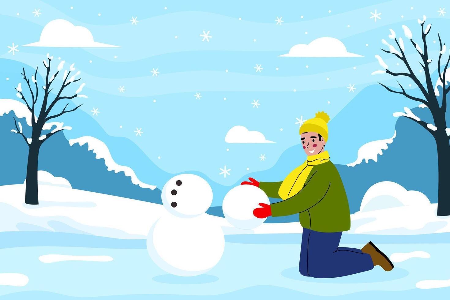 Happy guy making a snowman, holiday background. Merry Christmas and Happy New Year. illustration, in cartoon flat style. vector
