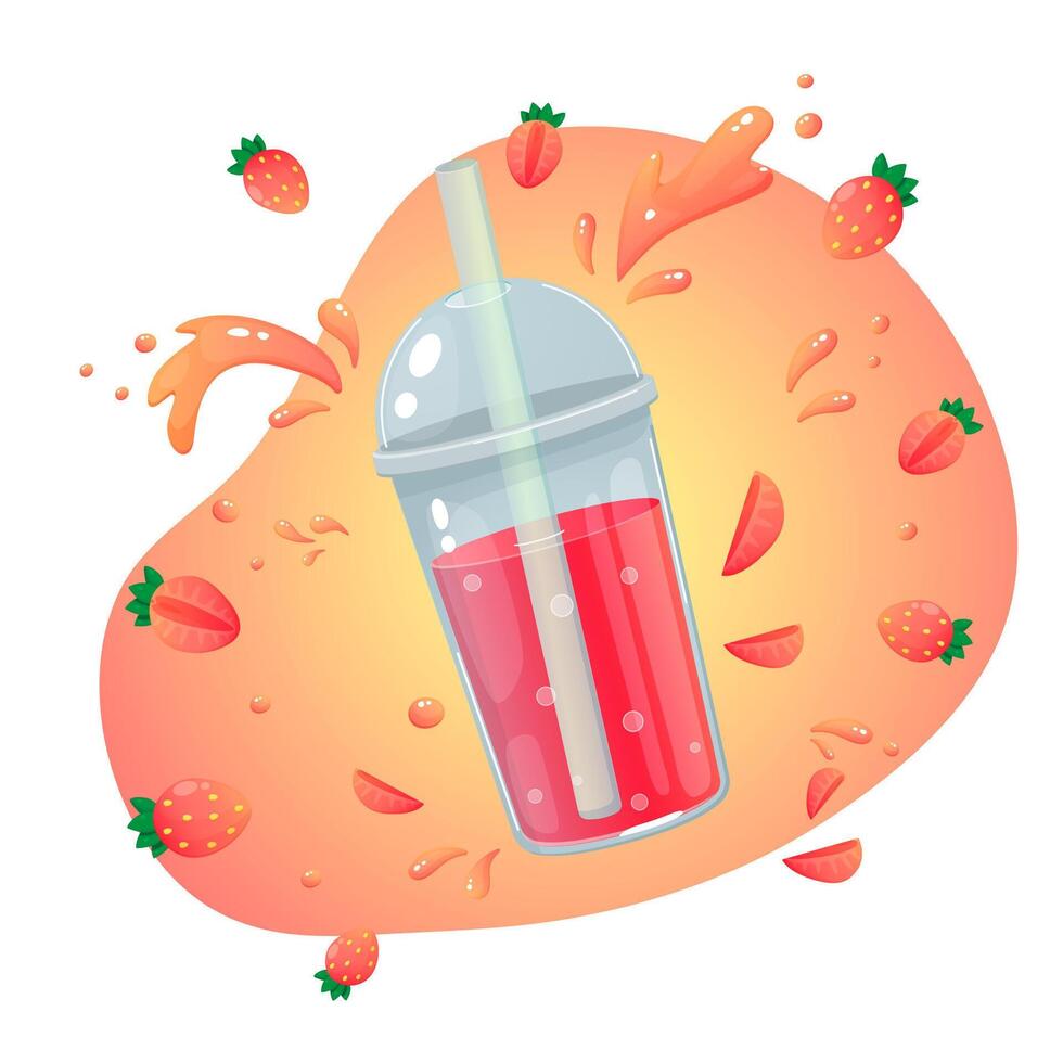 Strawberry lemonade in a plastic cup, juicy summer illustration. vector