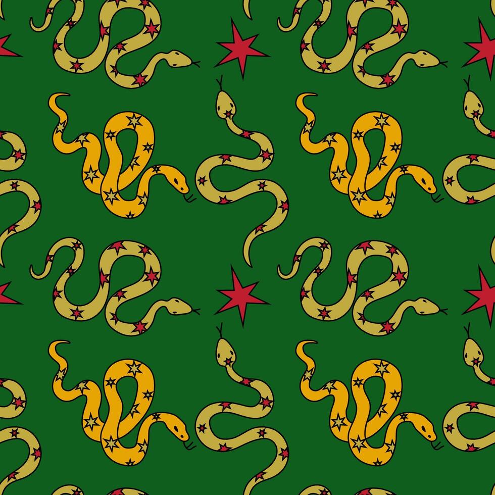 A Stunningly Colorful Snake and Star Pattern Adorning a Vibrant Green Background vector
