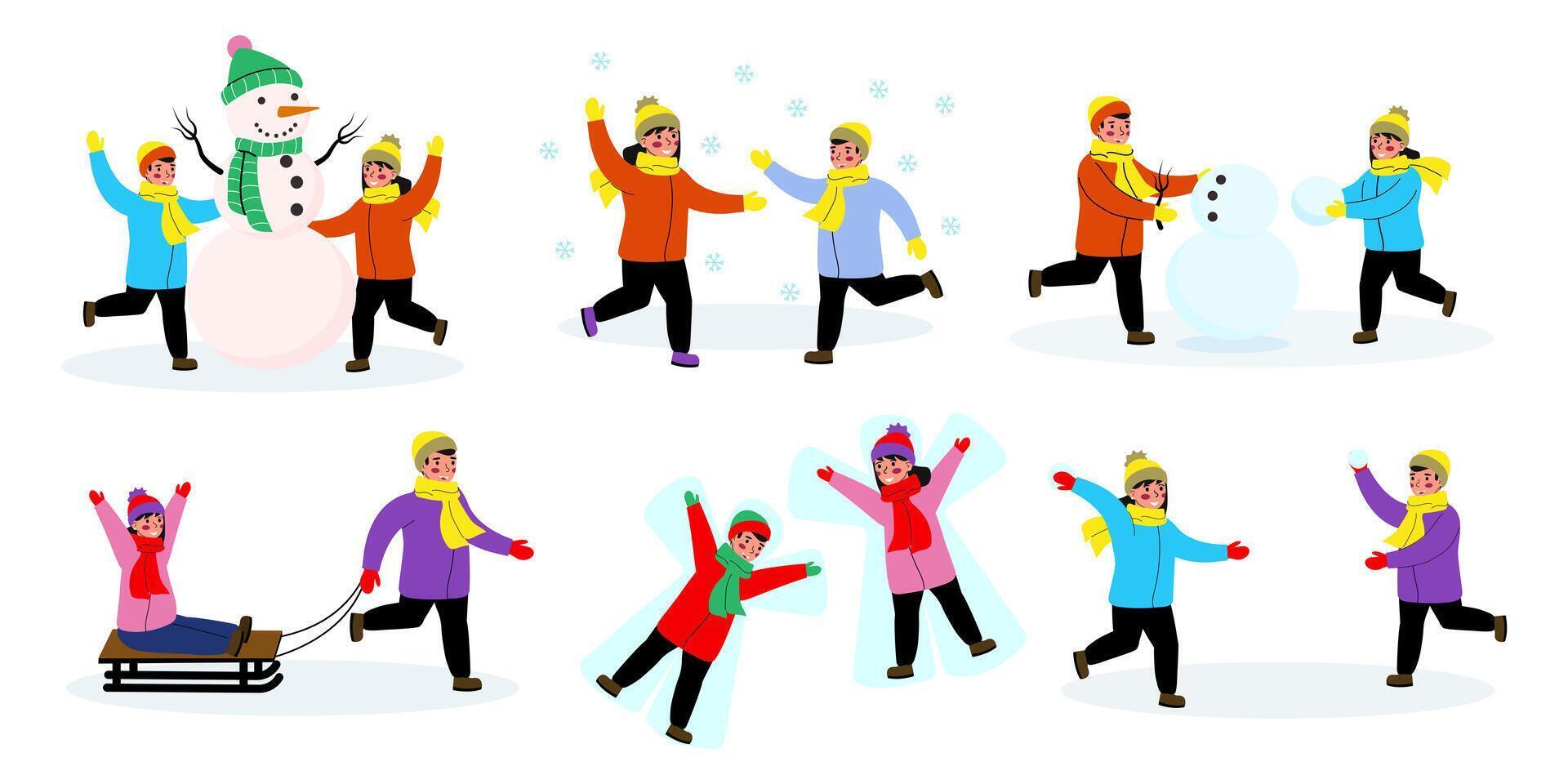 Kids playing in the snow during winter vector