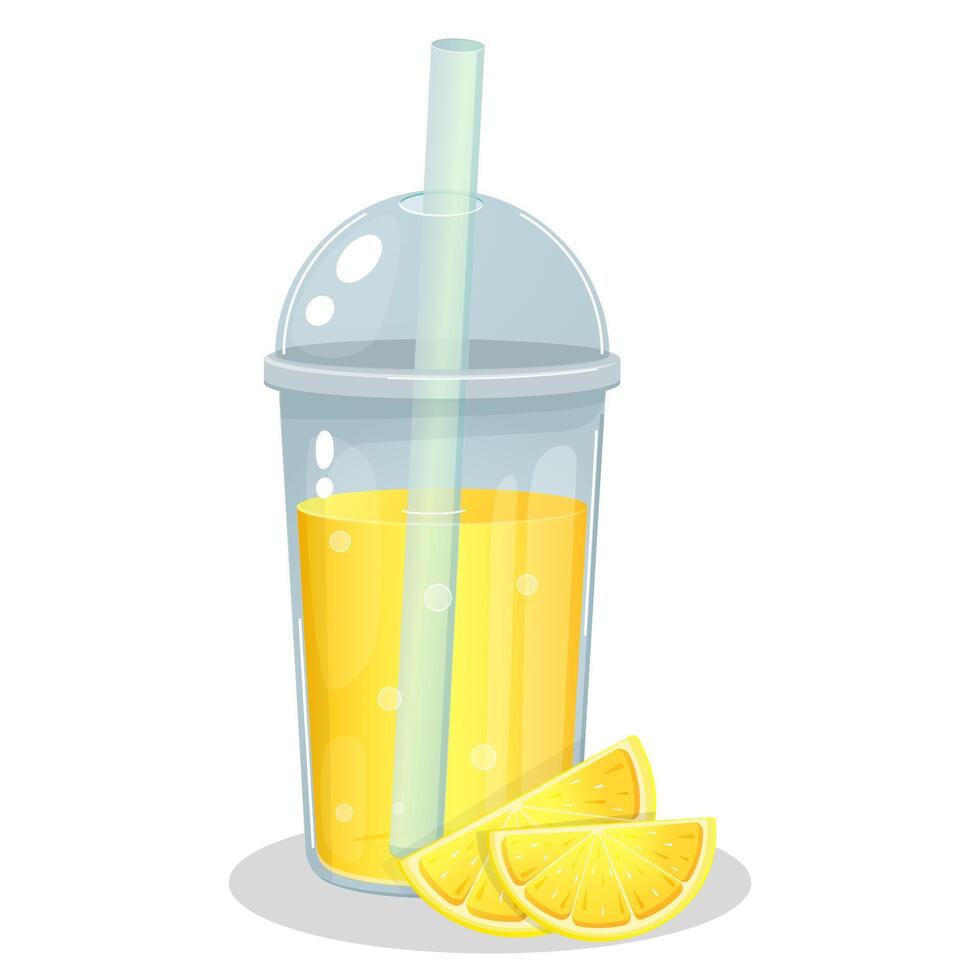 Lemonade in a plastic cup, summer drink, fresh juice, smoothie, fruit cocktail, cartoon style, realism vector