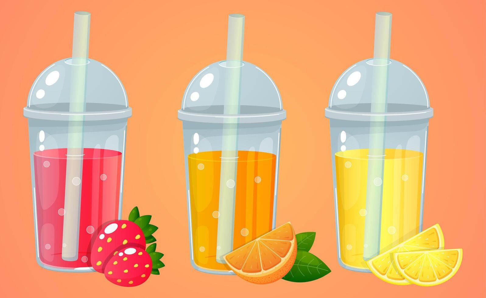 Set Fruit juice in a plastic cup with a straw. Lemonade, orange, strawberry, summer drinks. Juice with fresh fruit. Summer background for banner. vector