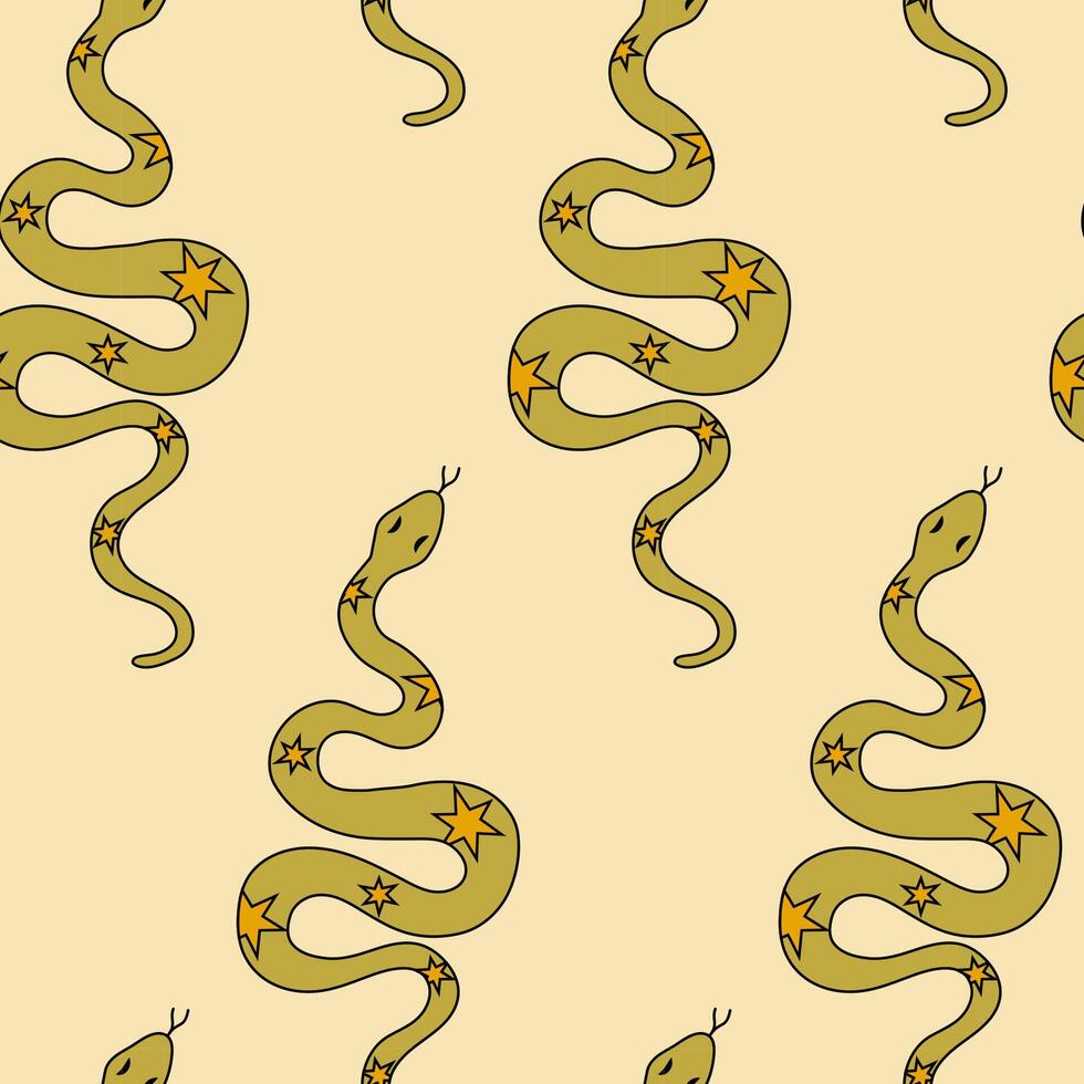 Mystical pattern with snakes decorated with stars in doodle style on a beige background. Symbol of 2025 according to the Chinese calendar. vector