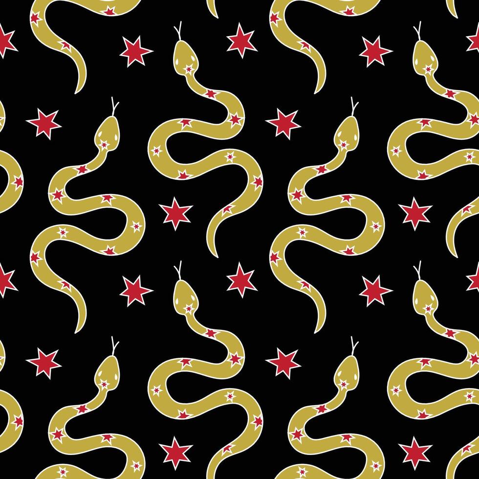 Seamless pattern with mystical snakes and stars in doodle style on a black background. Symbol of 2025 according to the Chinese calendar vector