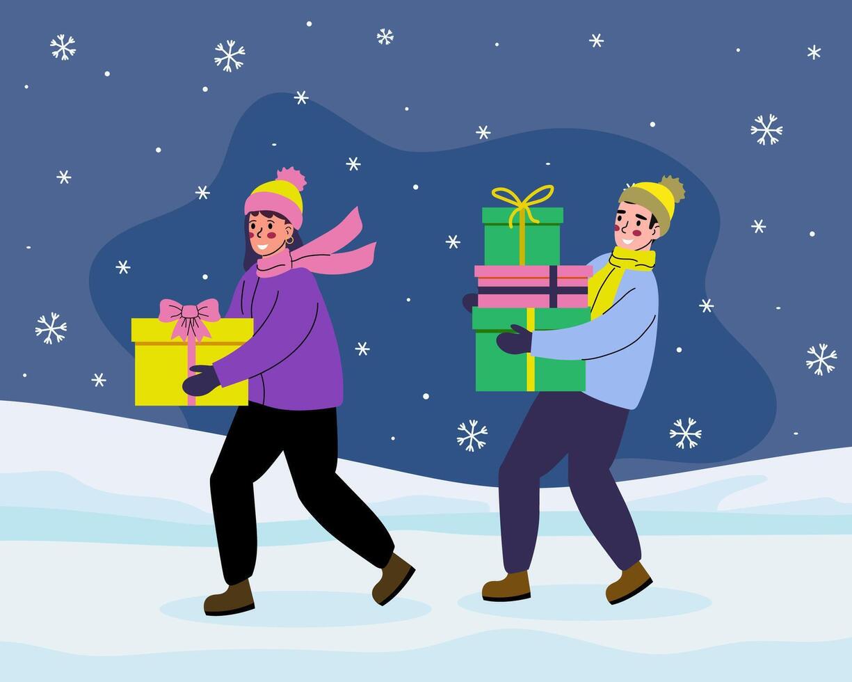 Happy guy and girl in winter clothes walking with gift boxes, holiday banner. Merry Christmas and Happy New Year. illustration, flat. vector