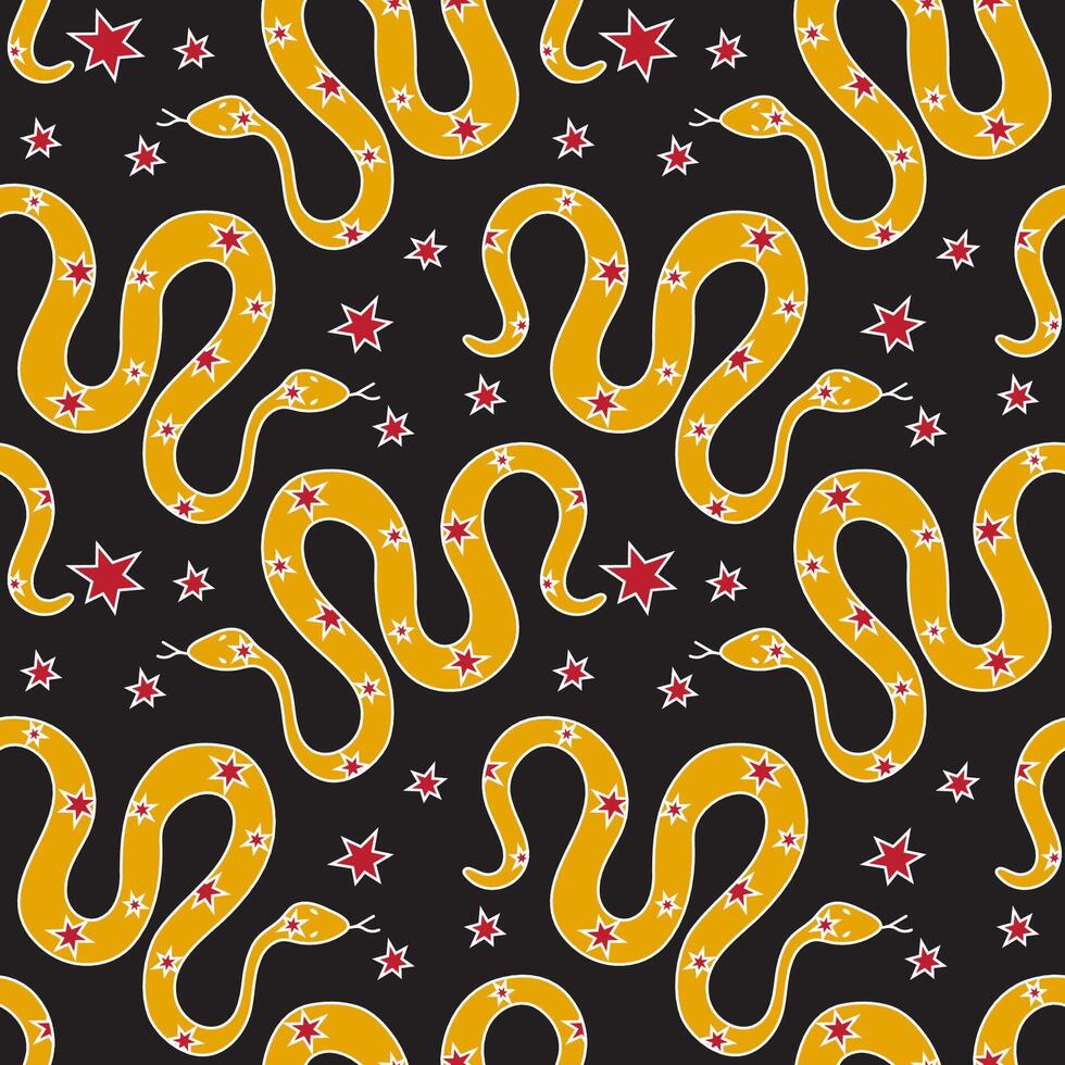 Seamless pattern with snakes in doodle style on a black background. Symbol of 2025 according to the Chinese calendar vector
