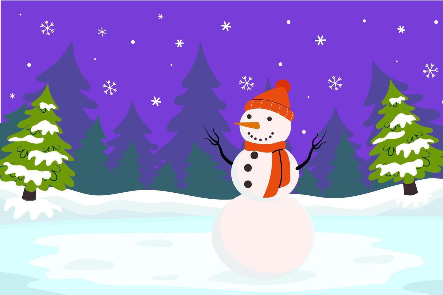 Winter landscape with a snowman against a forest background, hand drawn, illustration in flat style vector