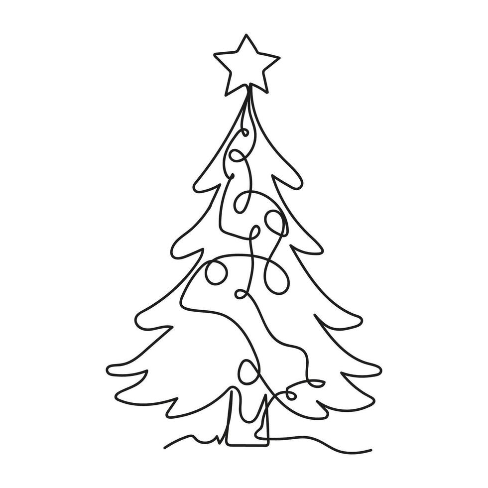 Christmas tree One continuous line drawing on a white background. Christmas and New Year illustration vector
