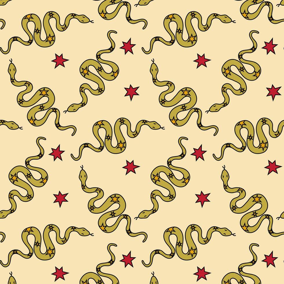 Colorful snake and star pattern on light yellow background creating a vibrant design for textiles or wallpapers vector