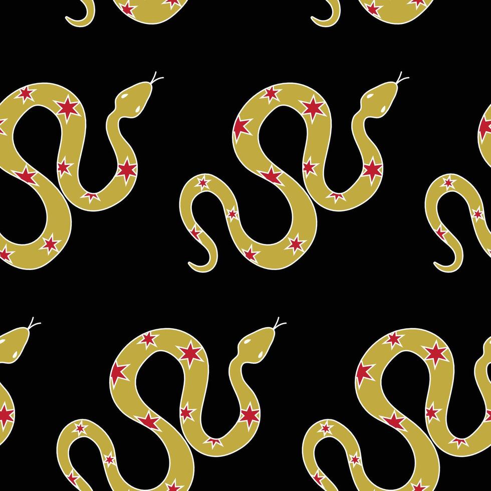 Mystical pattern with snakes in doodle style on a black background. Symbol of 2025 according to the Chinese calendar. vector