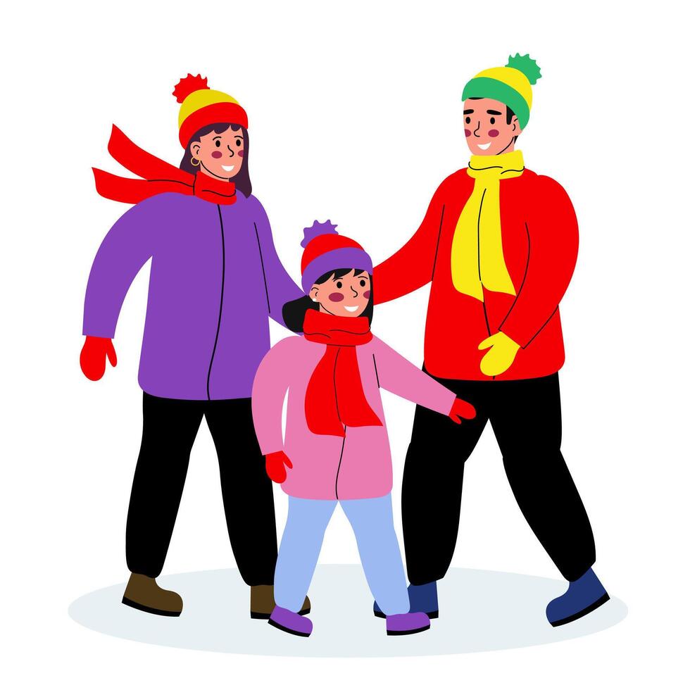 Family, father, mother and daughter in winter clothes. The family spends time together. illustration on a white background. vector