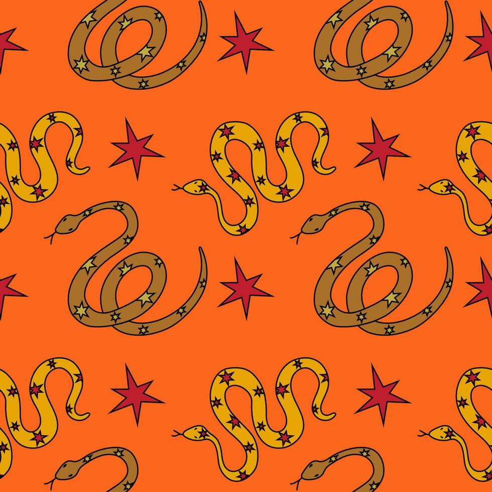 A Vibrant Snake and Star Pattern Set Against a Bright Orange Background, Perfectly Colorful vector
