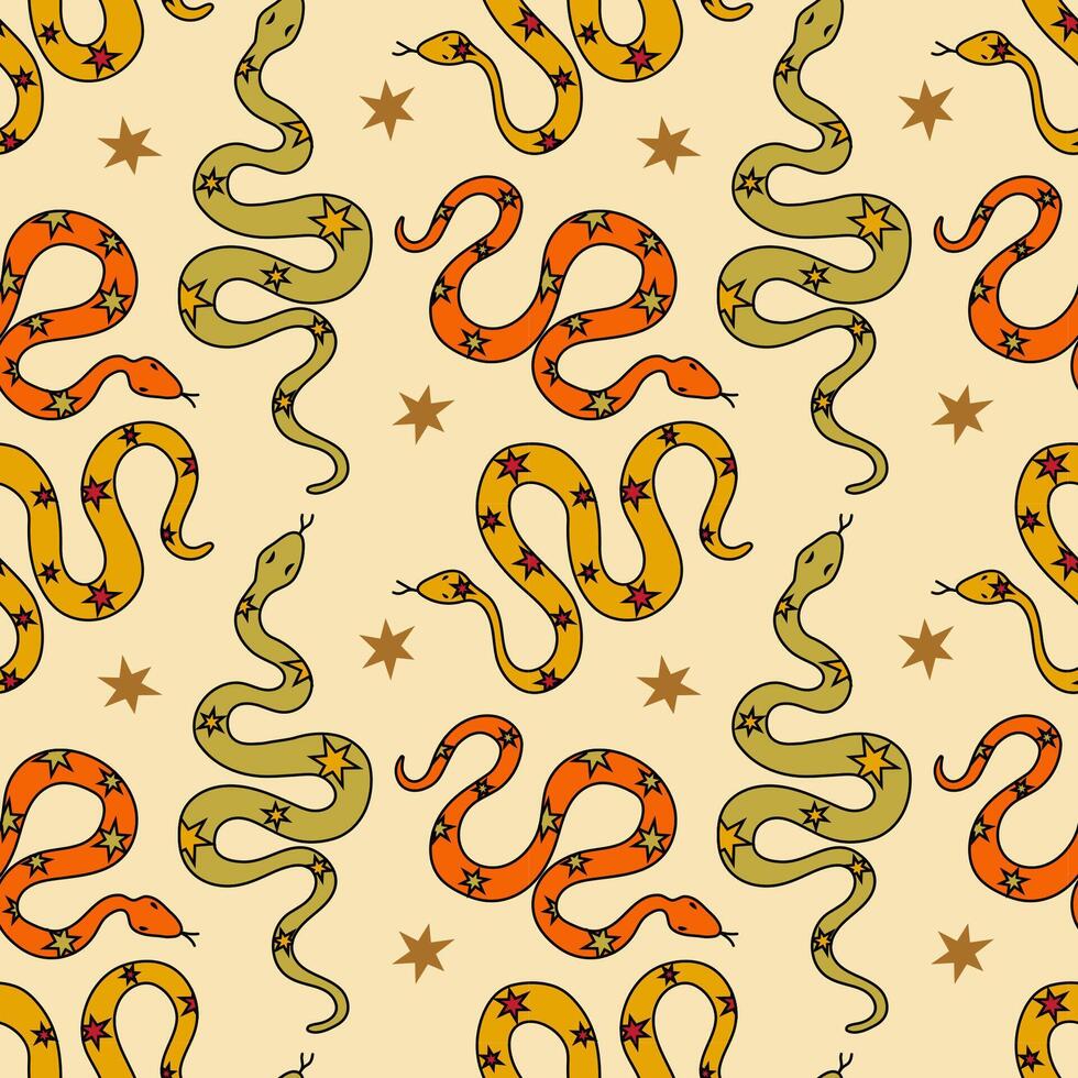 Mystical pattern with snakes in doodle style on a beige background. Symbol of 2025 according to the Chinese calendar. vector