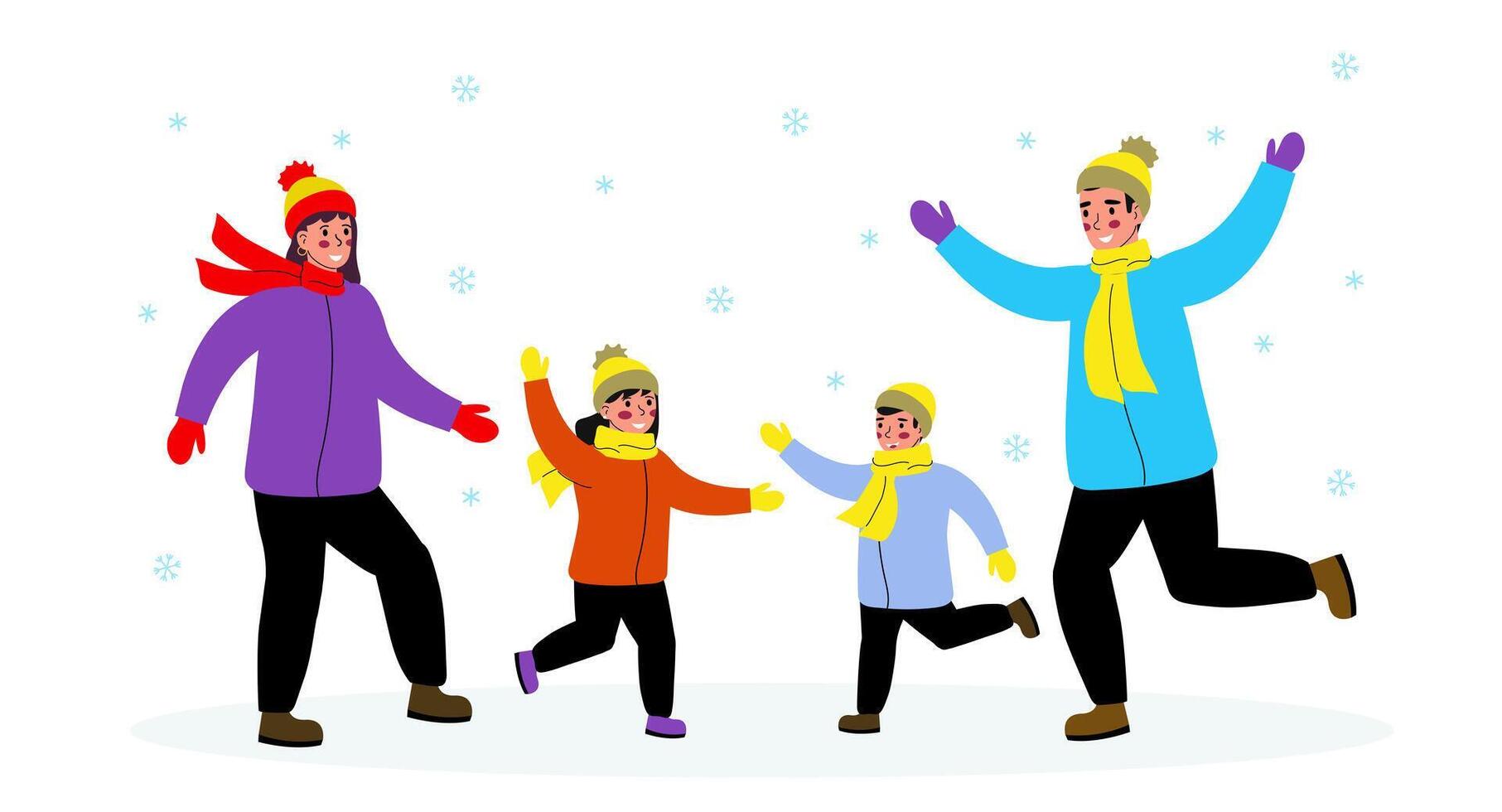 Family. mom, dad and son, daughter rejoice in the snowfall. Family having fun in winter. illustration on white background vector
