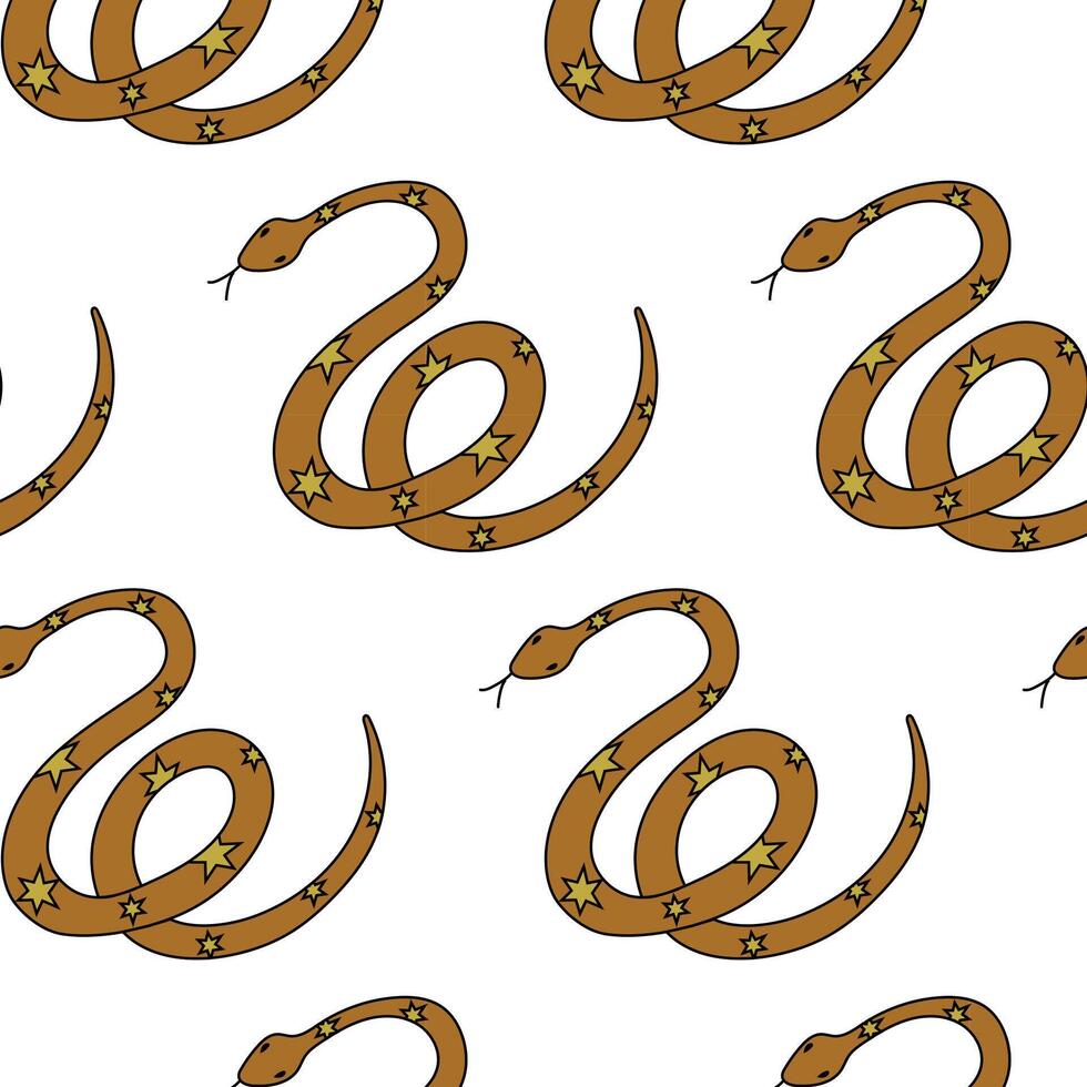 Pattern with snakes decorated with stars in doodle style on a white background. Symbol of 2025 according to the Chinese calendar. vector