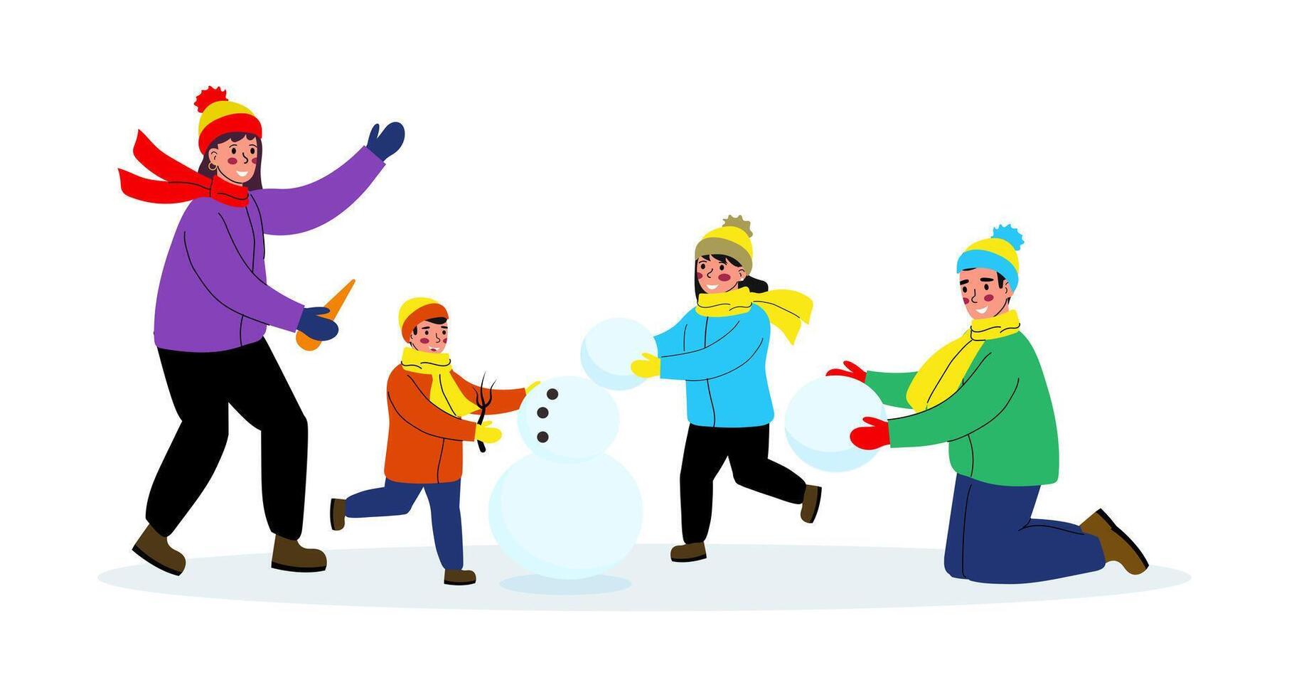 Happy family making a snowman together. A large family spends time outdoors in winter. illustration on a white background. vector