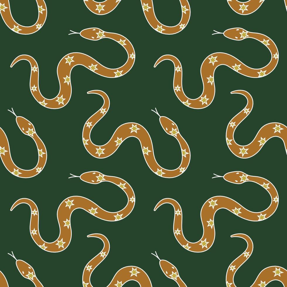 Doodle illustration of snake on a black background, symbolizing 2025 year in the Chinese zodiac. Seamless pattern on a green background, design for wrapping paper, scrapbooking vector