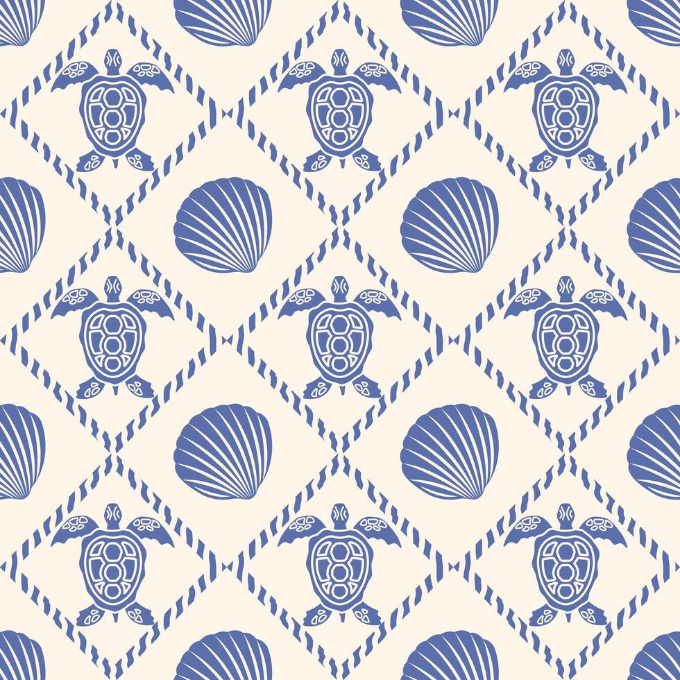 Seamless marine pattern with silhouettes of shells and turtles. Symmetrical, geometric ornament for textiles, paper and decoration of products. vector