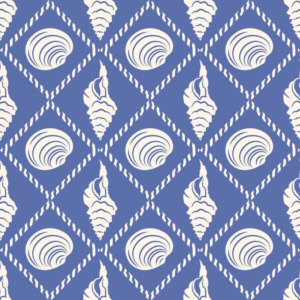 Seamless marine pattern with shell silhouettes. Beige on a dark blue background. Symmetrical, geometric ornament for textiles, paper and decoration of products. vector