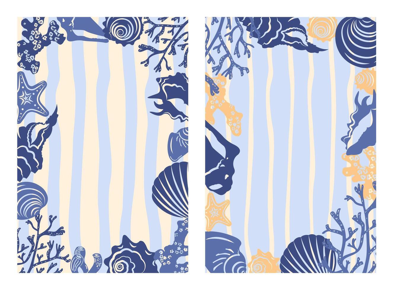 A set of vertical templates with shell and coral frames. Trendy, vintage style with vertical stripes and blue silhouettes. vector