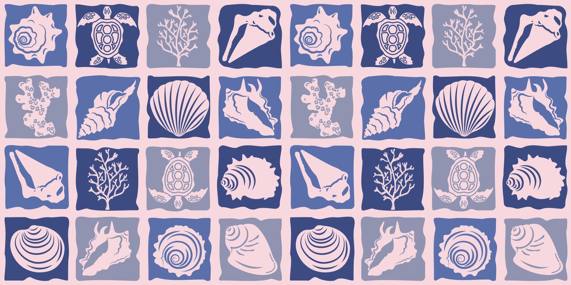 Marine pattern with silhouettes of shells and corals in a mosaic style. Ornament for decorating various products. vector