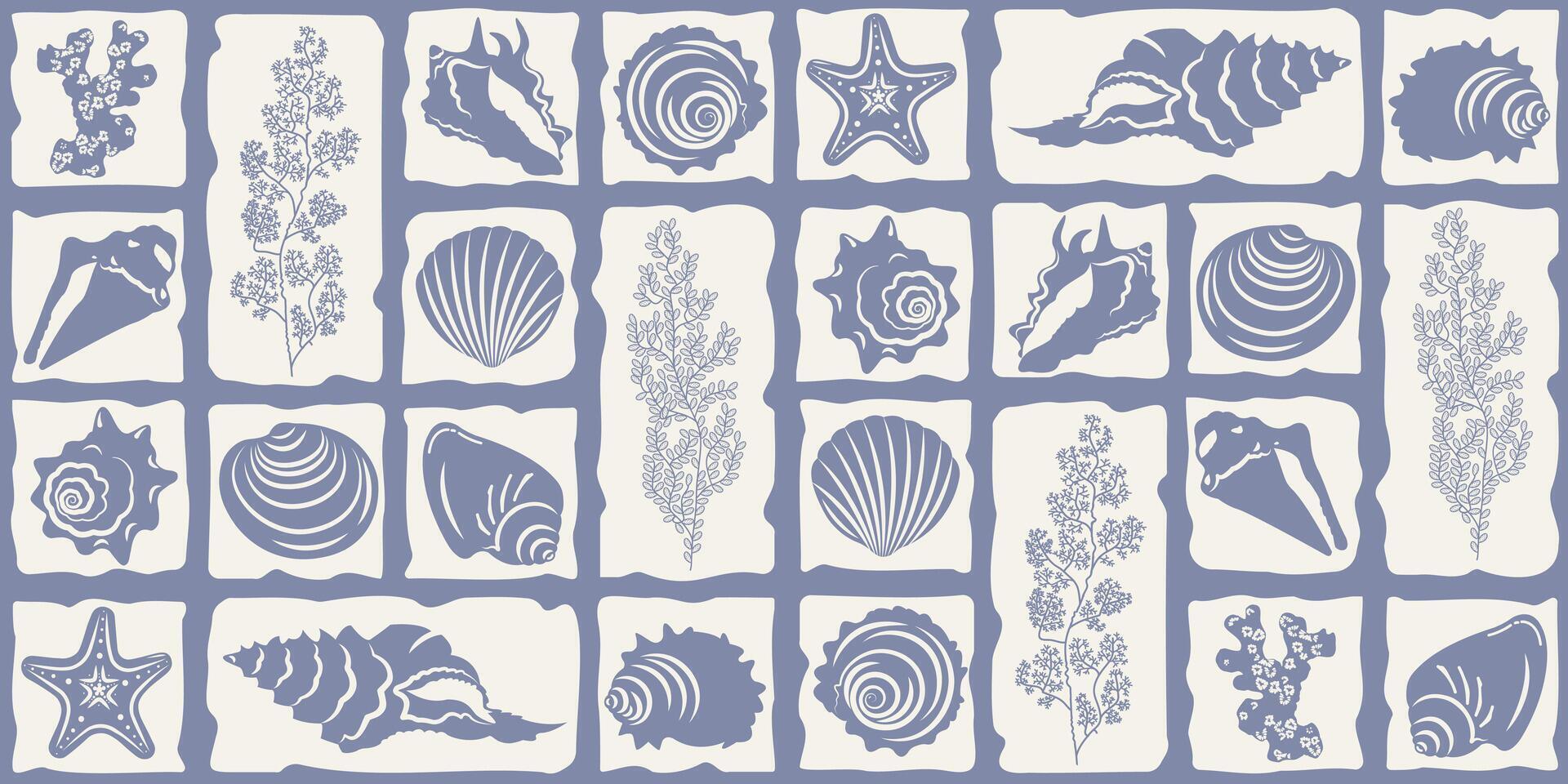 Marine pattern with silhouettes of shells and algae in a mosaic style. Suitable for decorating various products. vector