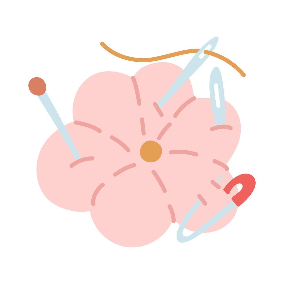 illustration of a needle cushion, a pin, a flower-shaped thread, and a cloud. Flat color illustration. Sewing equipment. Needle cushion. Handmade symbol, craft. Handmade, vector