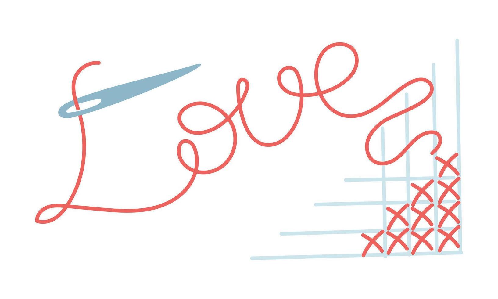 A cross-stitched line with a needle and thread labeled love. A flat, colored illustration of the cross-stitching process. Love for cross-stitching, the process of work. a line of crosses vector
