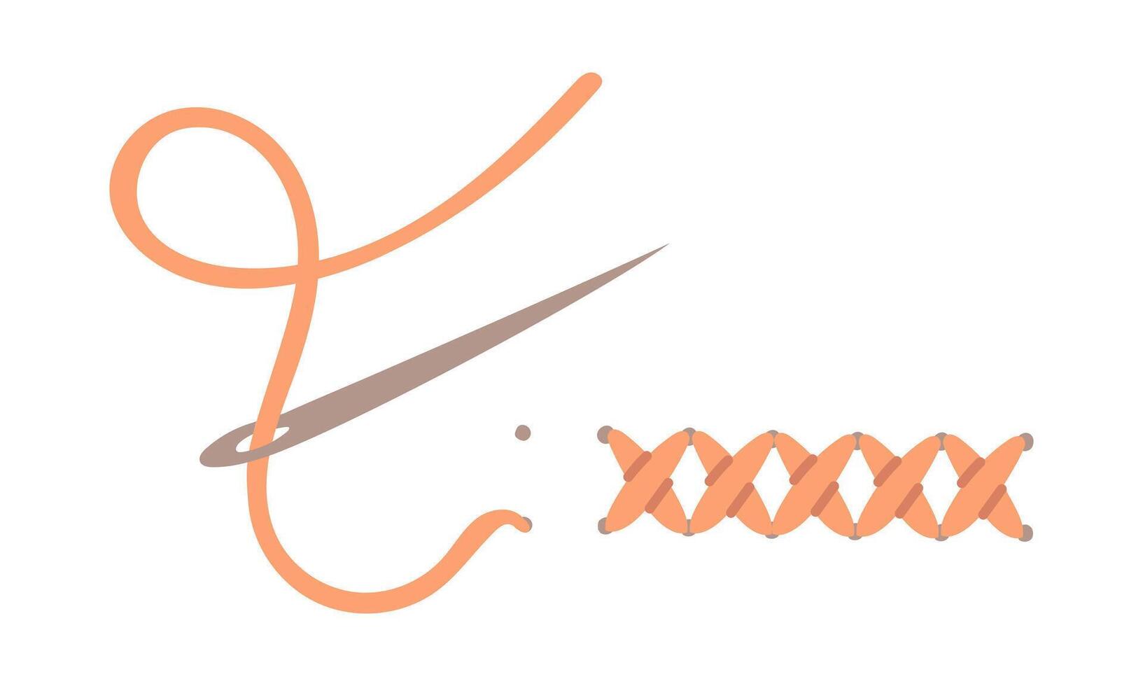 The stitch is embroidered with a needle and thread. A flat color illustration of the embroidery process. Embroidery or sewing textures, the embroidery process. The line of crosses vector