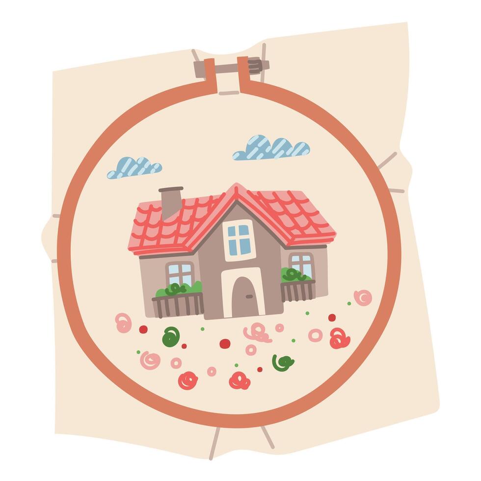 Round embroidery hoop with embroidered house and flowers on canvas. Flat color illustration. House, nature, memories, cute places. illustration. Isolated object. Handmade embroidery vector