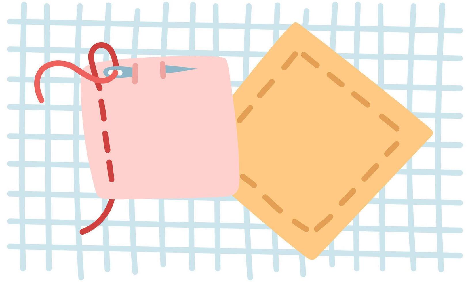 Two patches of different fabrics are sewn onto each other. One is sewn on, other is sewn on with a needle. Cute patches. Flat color illustration. Colored fabrics on a checkered base. Care, handwork vector