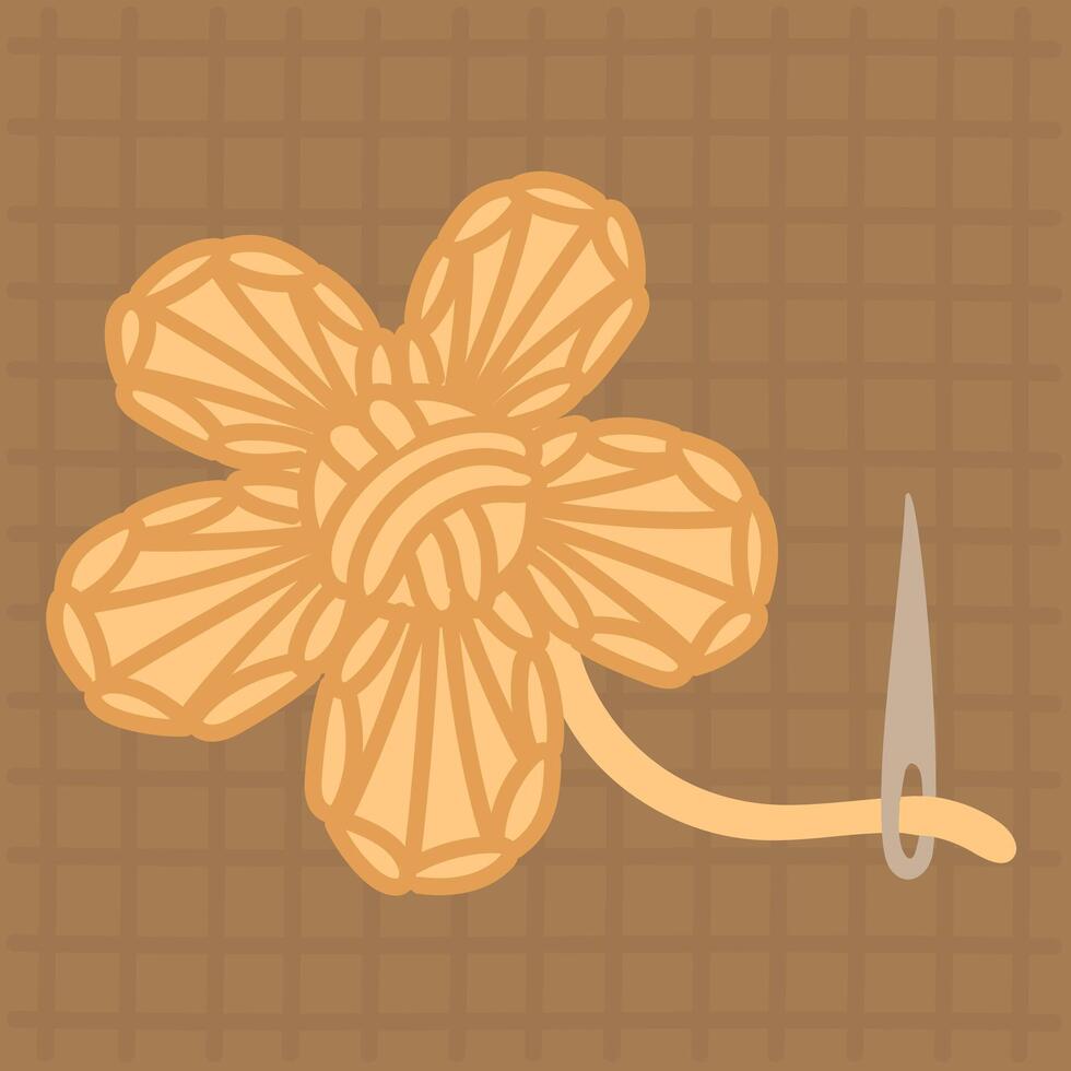 An embroidered flower on a fabric as a patch. A flat color illustration of an unfinished single flower in yellow on a checkered background. needle and thread. The process of work, handwork, and care vector