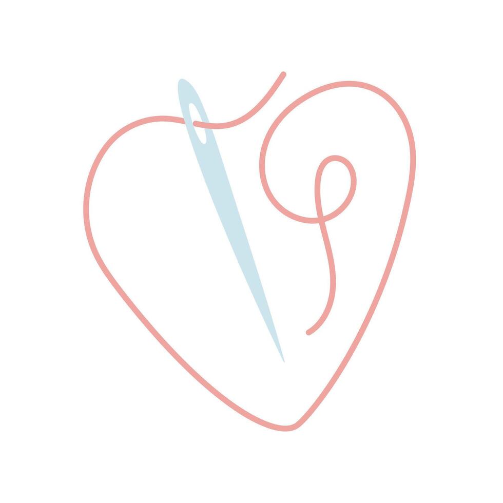 sewing needle with a pink thread lies in the shape of a heart. line of love. Love for sewing, embroidery, handicrafts. flat color illustration. hobby, creative activity, profession, and symbol of love vector