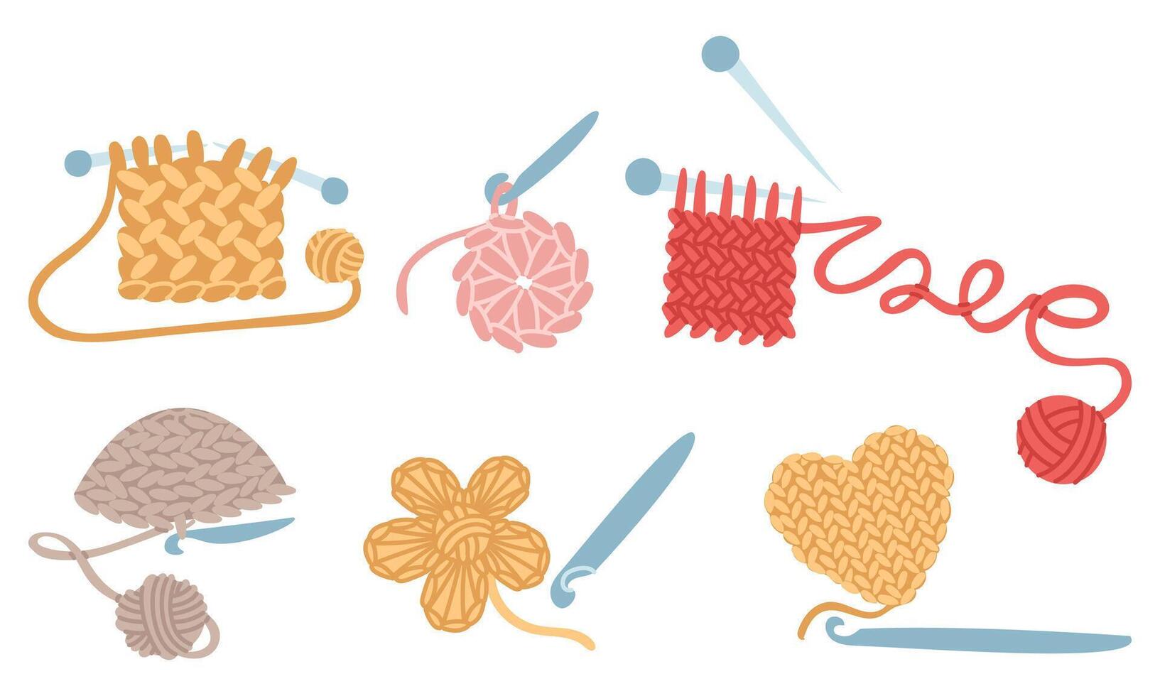 set with crocheted items. napkin, flower, hat, scarves. Needles and hooks. cozy atmosphere. handmade. flat colored isolated illustration. postcards, social media posts, themes of care and coziness vector