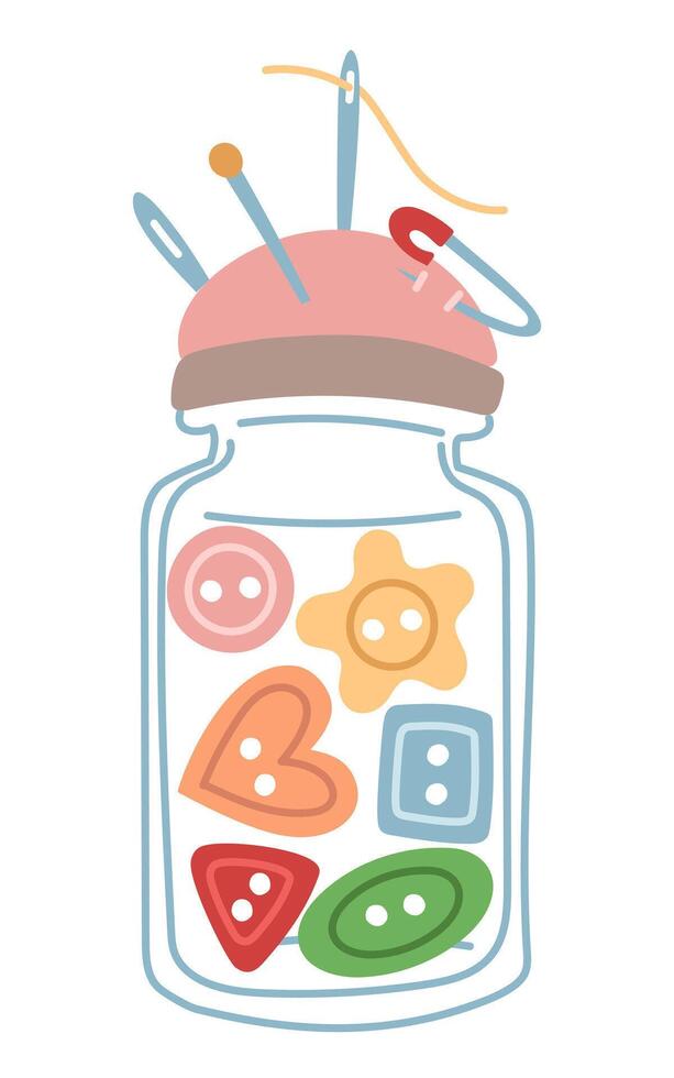 Glass closed jar of buttons on lid, needle cushion. Storage space. Cozy atmosphere. Handmade. Flat color isolated illustration. Sewing, embroidery. For postcards, packaging design, social media posts vector
