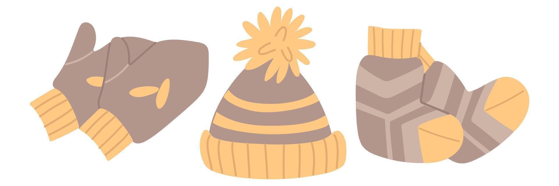 set of knitted winter accessories in brown with stripes. Mittens, hat with a pompom, and an unfinished knitted scarf. Flat color illustration. Suitable for blogs, articles, postcards, and handicrafts vector