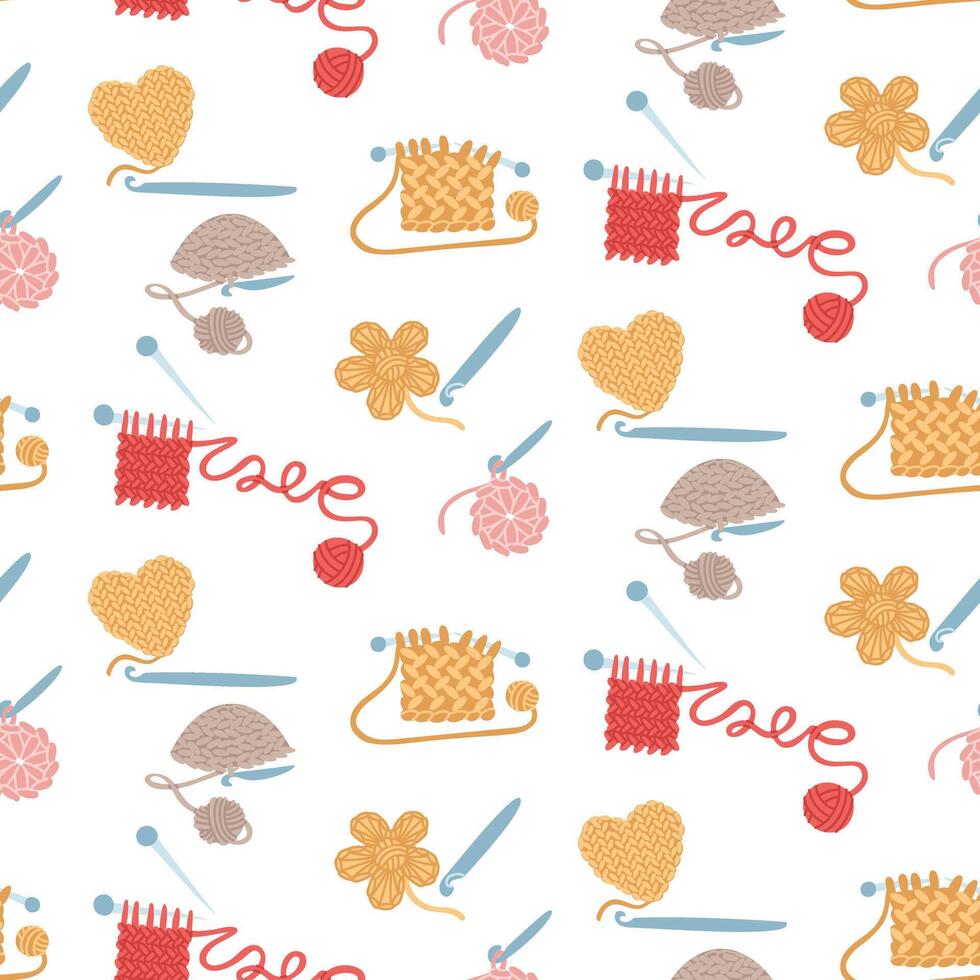 Pattern with elements of crochet, knitting needles. napkin, flower, hat, scarves. cozy atmosphere. handmade. seamless flat colored texture. packaging, social media posts, themes of care and coziness vector