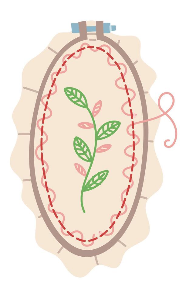 Oval embroidery hoop with embroidered flower branch on a canvas with a frame. Flat color illustration. Embroidery process. Handmade. drawn illustration. Isolated object. Handmade embroidery vector
