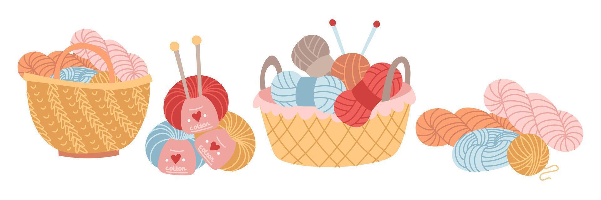 Set of wicker basket, bag with various balls and yarn for knitting. cozy atmosphere. Handmade. flat colored isolated illustration. Postcards, packaging, posts on social media, theme of care, coziness vector