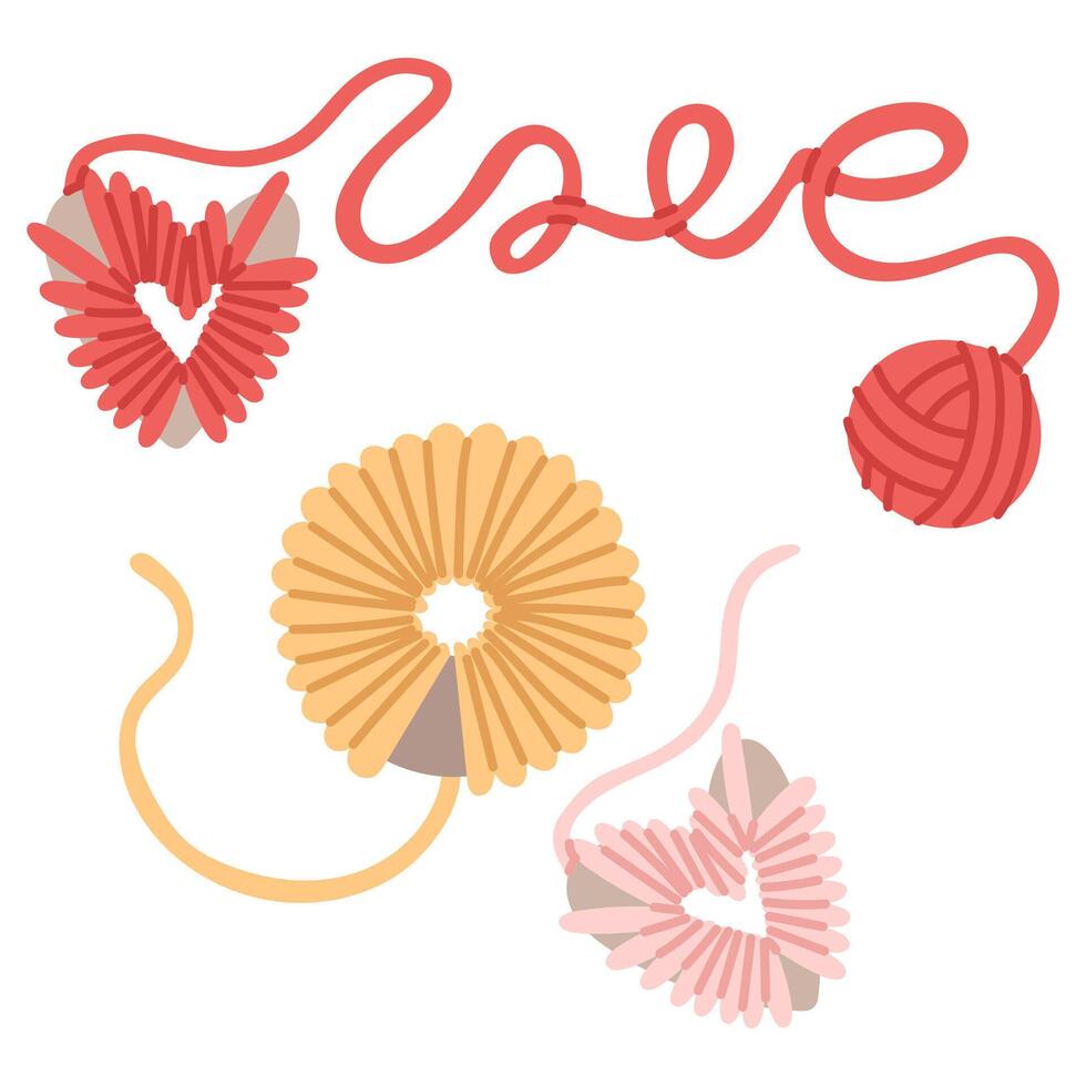 set of yarn wrapped around heart, circle for creating pompoms, with colored heart shaped yarn balls, and word love. cozy atmosphere. Handmade. For postcards, posts, and themes of care and coziness vector