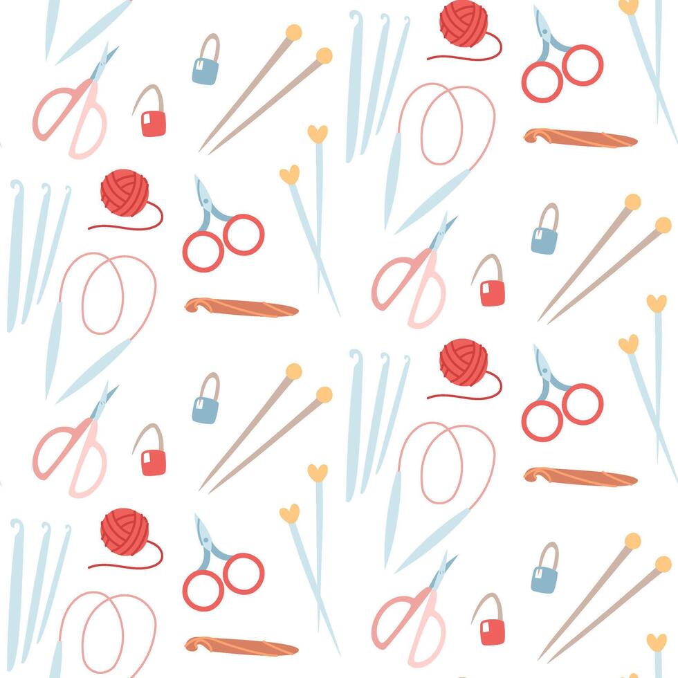 Pattern with knitting items. Pins, straight and twisted knitting needles, various hooks, and scissors. Seamless flat color texture. Suitable for infographics, templates, packaging design, workshops vector