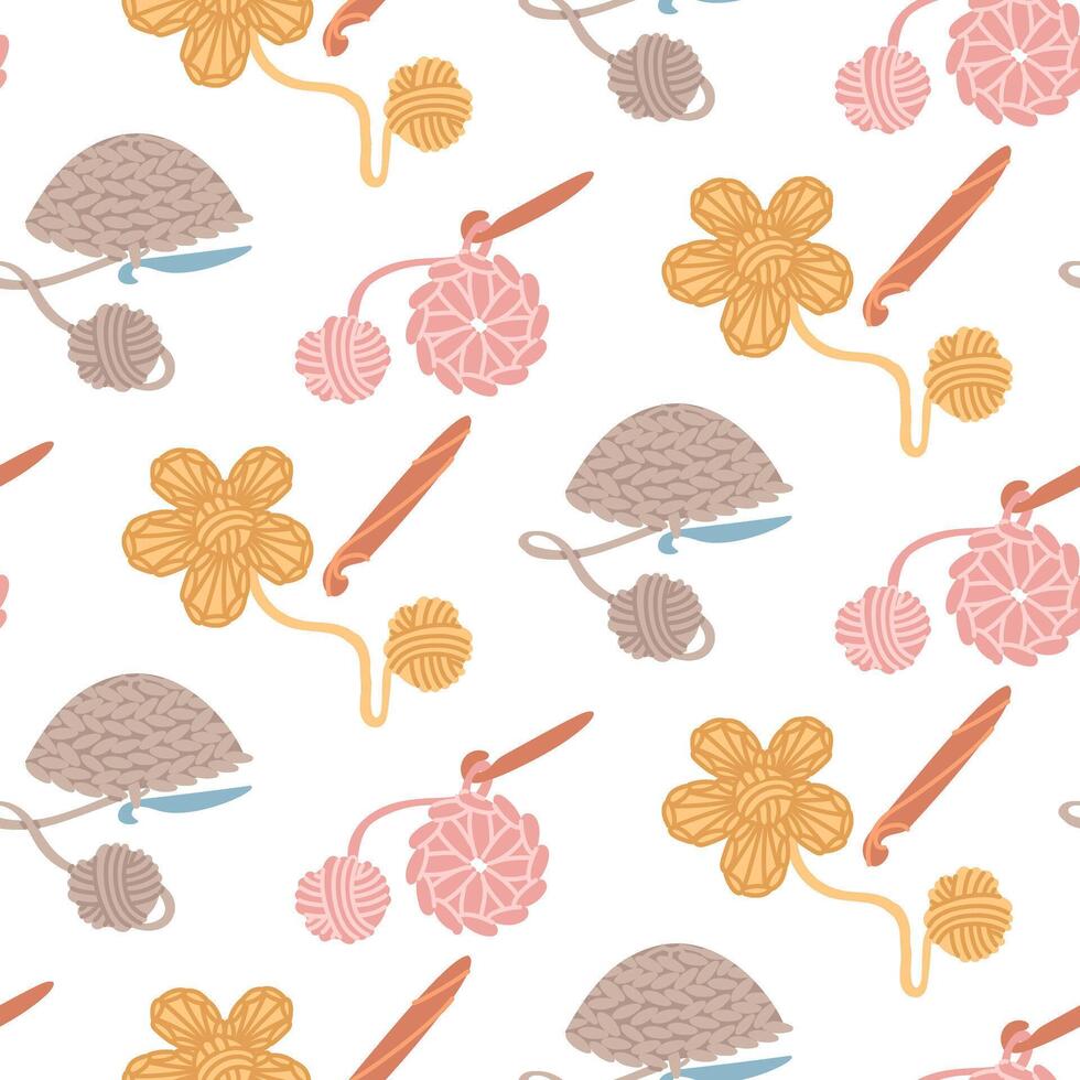 Pattern with crochet items. Napkin, flower, hat, hook. Skein of yarn. Cozy atmosphere. handmade. Seamless flat color texture. Postcards, packaging, social media posts, themes of care and coziness vector