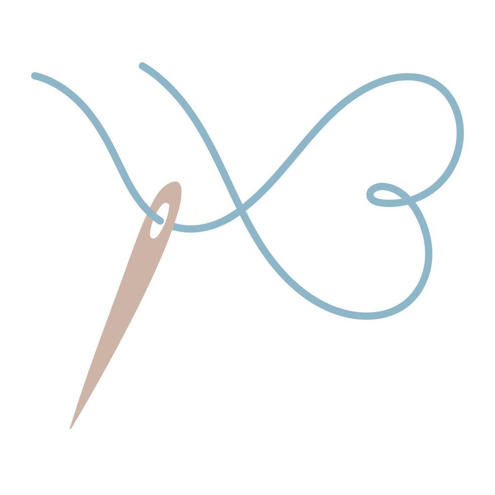 sewing needle with a blue thread lies in the shape of a heart. line of love. Love for sewing, embroidery, handicrafts. flat color illustration. hobby, creative activity, profession, and symbol of love vector