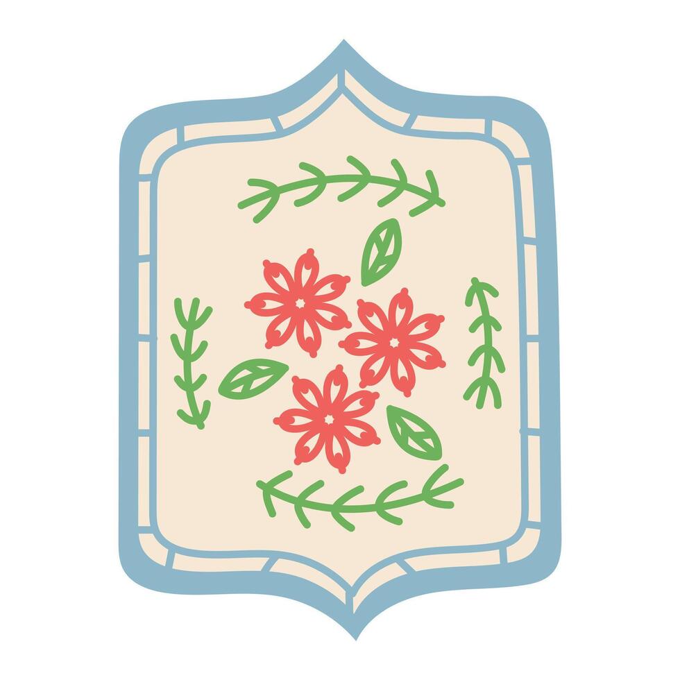 An unusual embroidery frame with embroidered flowers on a canvas with leaves. Flat color illustration. Ready-made, handcrafted. drawn illustration. Isolated object. Handmade embroidery vector