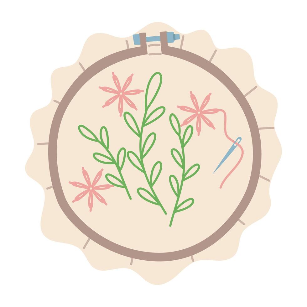 Round embroidery hoops with embroidered flowers on a canvas. Flat color illustration. Flowers in the process of embroidery with needle. drawn illustration. Isolated object. Handmade embroidery vector
