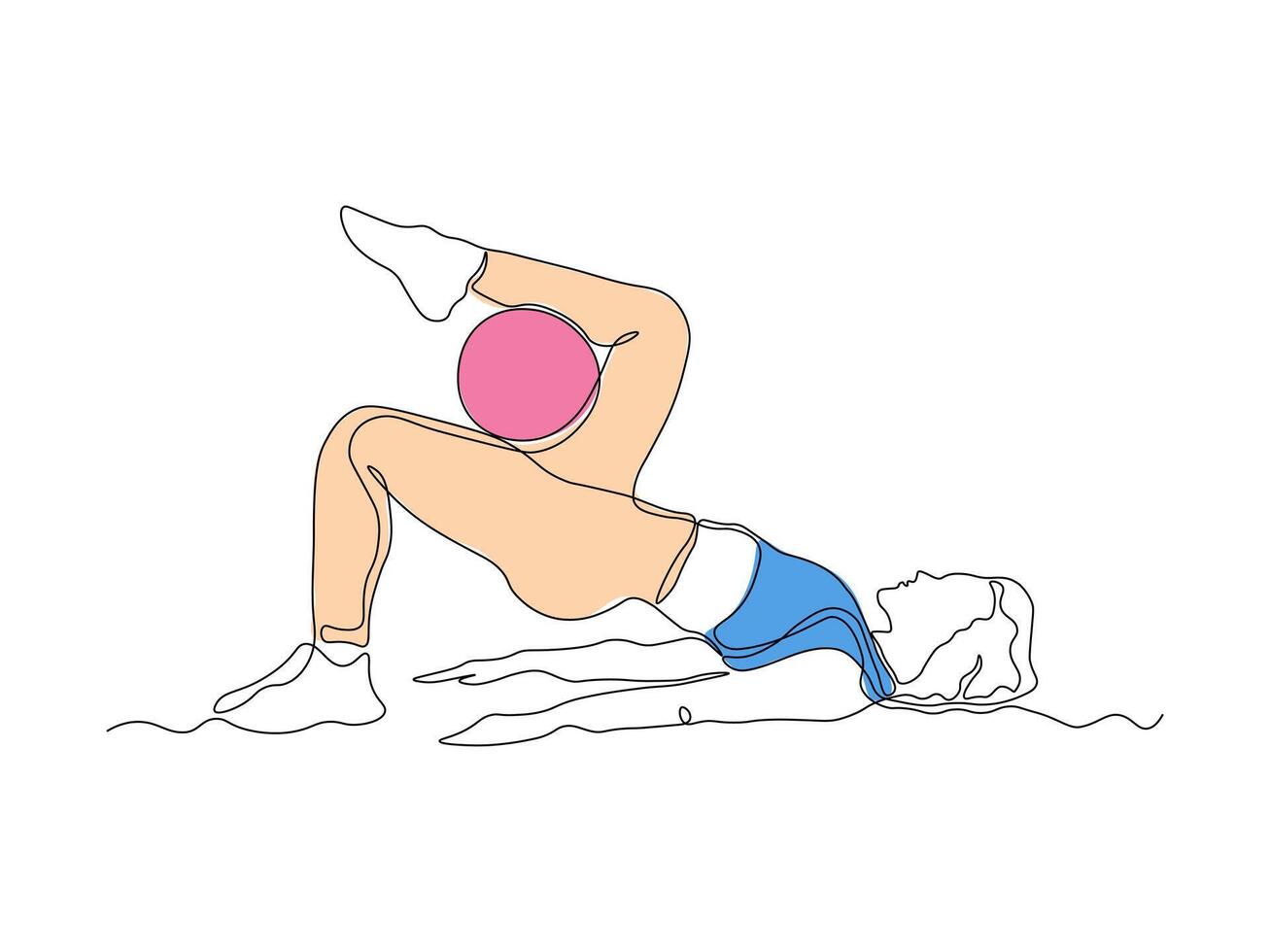A girl does exercises, gymnastics, Pilates, aerobics lying with gym ball. continuous single one line art hand drawing sketch logo vector