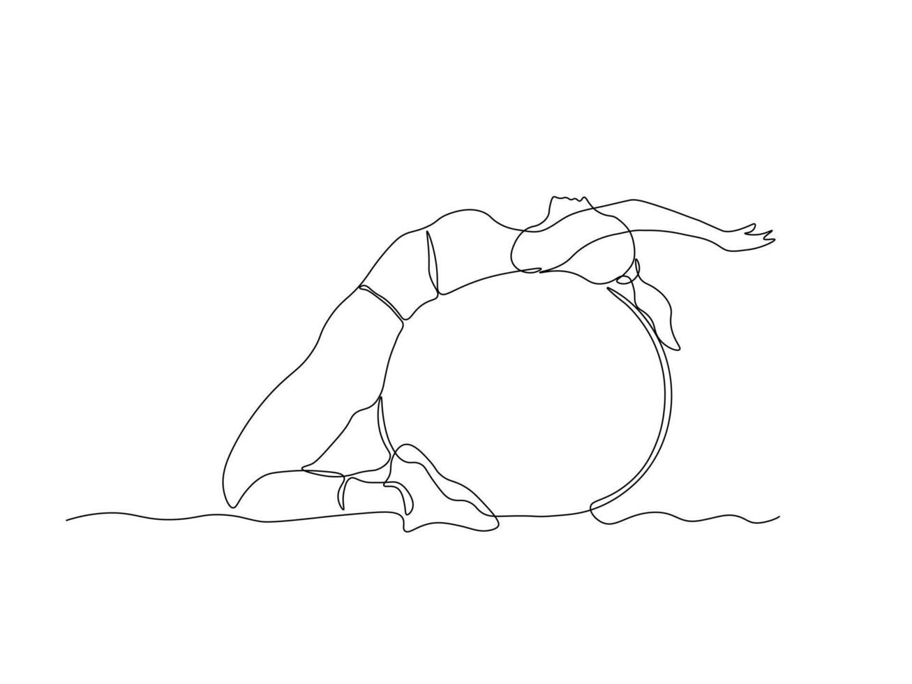 A girl does exercises, gymnastics, Pilates, aerobics lying with her back on a gym ball. continuous single one line art hand drawing sketch logo vector