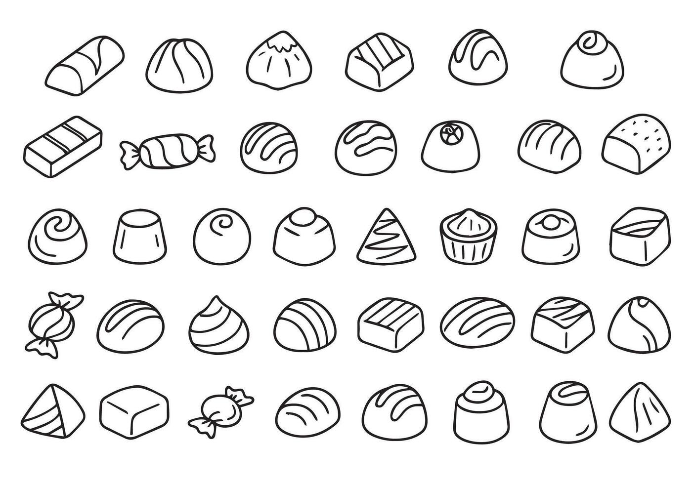 Different types of chocolate candies in doodle style. Hand drawn illustration. illustration vector